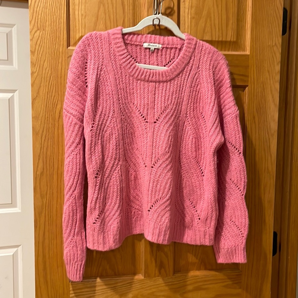 Madewell Pink Cable Knit Crewneck Sweater